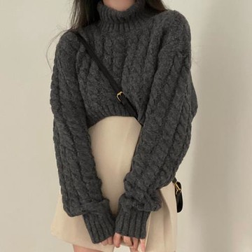 韓國chic秋冬法式復古高領麻花紋設計寬松百搭加厚保暖套頭毛衣女