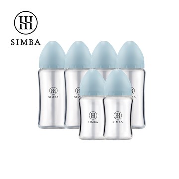 Simba 小獅王辛巴 - 蘊蜜質金玻璃寬口防脹氣奶瓶4大2小全配組-新生適用-晨藍