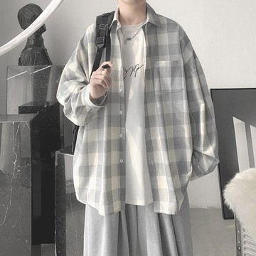 韓版格子襯衫男春季ins青少年長袖襯衣2021寬鬆潮流帥氣百搭外套
