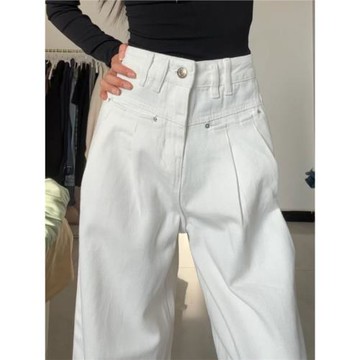 米白色高腰闊腿牛仔褲女2024春季新款設計感寬松直筒垂墜感拖地褲