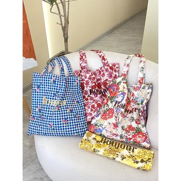 2023新品INS博主Rouje同款藍色格紋花朵logo印花帆布袋