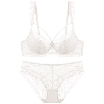 PinLe 法式奢華蕾絲聚攏3/4罩杯薄墊性感内衣成套組 (A-E加大)bar-C003 白色