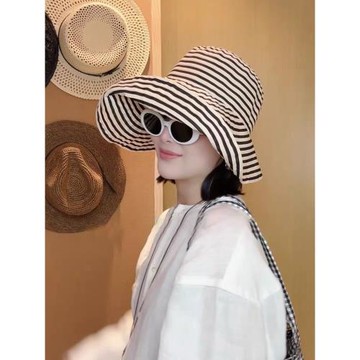 黑白條紋漁夫帽子女膠片日記優雅復古氣質大帽檐遮陽帽戶外太陽帽