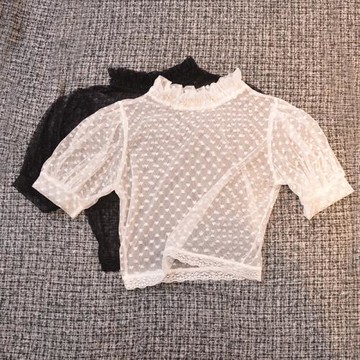 女士蕾絲打底衫修身網紗半高領短袖內搭衫上衣配吊帶抹胸裙防走光