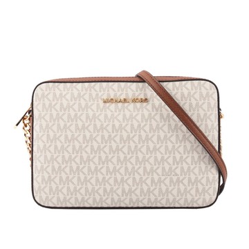 Michael Kors 金字滿版LOGO拚色方形鏈帶斜背包(香草色淺駝)