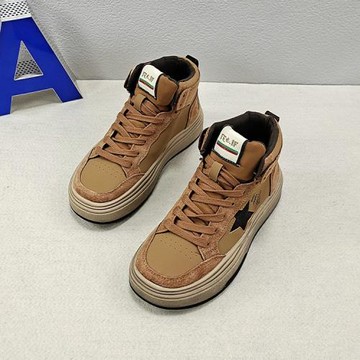 網紅臟臟鞋女韓版系帶板鞋2025新款真皮拼接圓頭百搭高幫休閑鞋