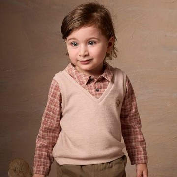 PIPPY 經典格紋翻領假兩件長袖上衣 卡其-120