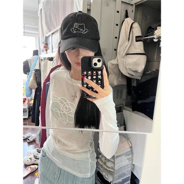 韓系白色冰絲防曬罩衫女夏季長袖微透夏季薄款修身針織衫t恤上衣