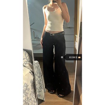 大碼黑色復古休閑褲女秋冬低腰顯瘦設計感微喇拖地西裝褲長褲子潮