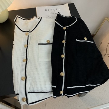 小香風上衣女夏季薄款法式優雅撞色短款小衫短袖針織衫開衫