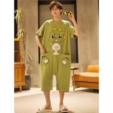 情侶連體睡衣男夏季純棉短袖薄款卡通可愛加大碼可外穿女士家居服