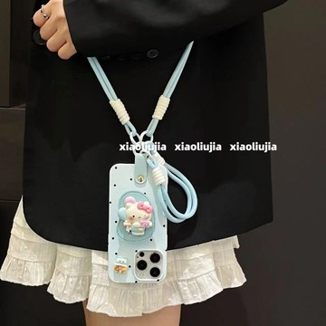藍色波點凱蒂貓kt支架蘋果16手機殼iphone15promax斜挎掛繩13/14/12pro