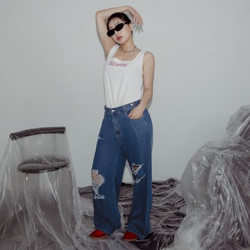 萊賽爾個性刷破牛仔寬褲 MUA! 中大尺碼褲子