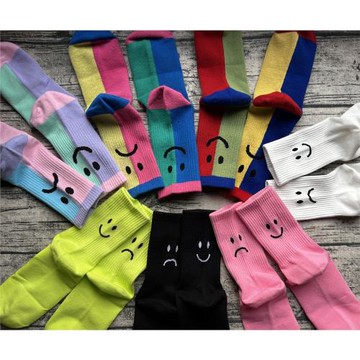 潮牌lazy oaf純白色腳后織花哭笑臉表情純棉可愛ins網紅中筒襪子