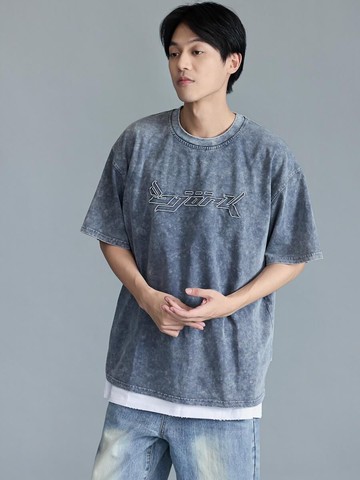 極仿舊石漂工藝落肩TEE (古著藍)