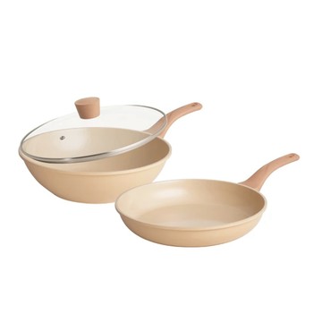 Queen Chef 韓國厚釜鑄造米陶瓷不沾鍋雙鍋3件組  炒鍋 + 平底鍋 + 蓋  奶油棕  1組