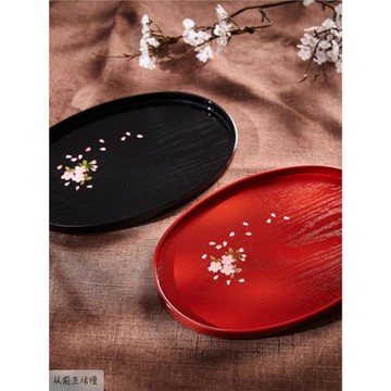 日本進口山中漆器櫻花丸盆盤子日式漆器托盤茶盤子果盤小茶盤禮盒