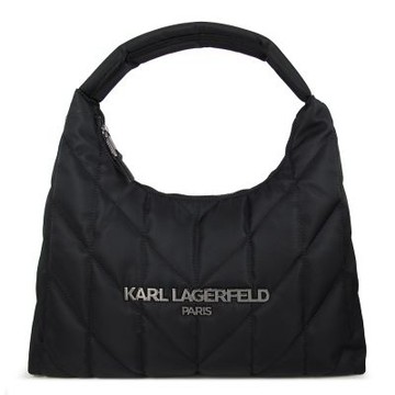 KARL LAGERFELD 卡爾品牌字樣绗縫HOBO肩背包(黑色/大)