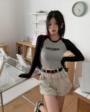 長袖T恤 復古拼色短款小眾百搭修身顯瘦打底衫秋季辣妹上衣女【不二雜貨】