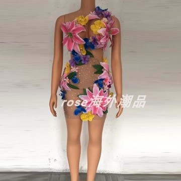 彩色大花鉆石點綴露腰女士衣服碎花連衣裙度假風無袖短裙
