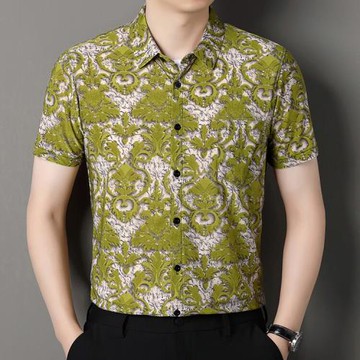 夏季冰絲短袖印花襯衫男桑蠶絲半袖免燙花襯衣休閑中年爸爸薄款潮
