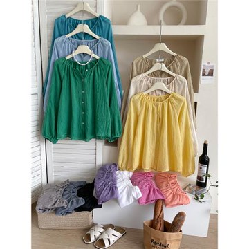 法式復古度假風冰絲麻棉防曬襯衫女夏燈籠袖外搭空調娃娃開衫上衣