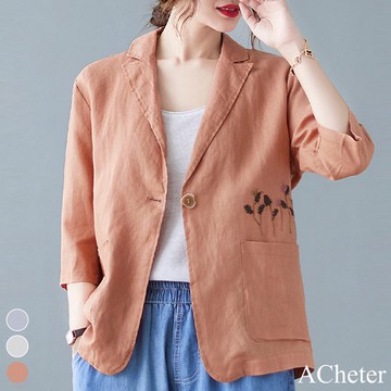 【ACheter】薰衣草刺繡翻領中袖棉質西裝外套 # 110048(現貨+預購)