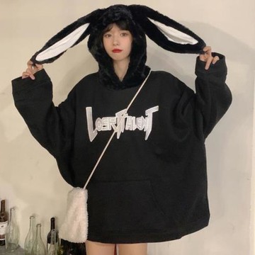 小眾設計感潮牌冬季兔耳朵衛衣女寬松情侶裝嘻哈刺繡上衣外套加絨