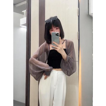 2025新款網紗披肩女外搭夏季燈籠袖超短款外套薄紗小坎肩防曬罩衫