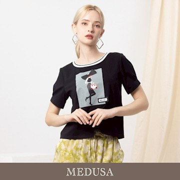 現貨【MEDUSA 曼度莎】現代插畫羅紋領休閒T恤（M-XL）｜女短袖T恤 女休閒上衣