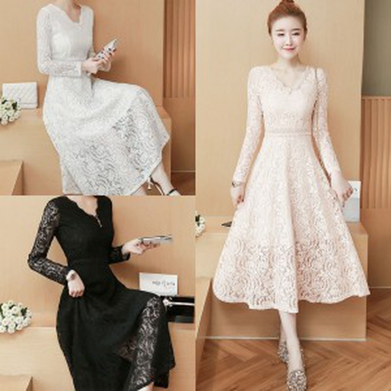 ワンピース レディース レースワンピース ミモレ丈ワンピース 膝下 ワンピ 色違い 透けレース 長袖 サイズ豊富 フェミニン 通販 Lineポイント最大get Lineショッピング