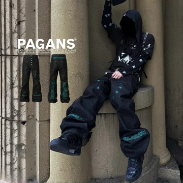【PAGANS STORE】美式 西岸 街頭 多扣頭 英文 刺繡 星星 反車線 微喇叭 闊腿 牛仔 長褲 牛仔褲