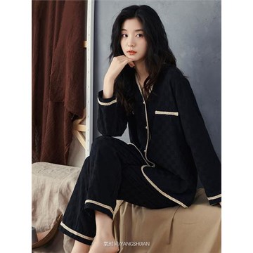 芬騰可安睡衣女春秋款冬季純棉長袖開衫家居服2024高級感黑色套裝