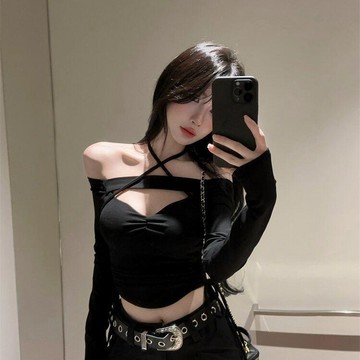♡ 𝑪𝒉𝒊𝒄 𝒖 ♡修身顯瘦掛脖繫帶長袖恤女新款甜美辣妹上衣顯瘦辣妹純欲上衣T恤