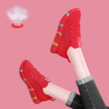 大紅色跑步鞋新款小紅鞋網布軟底跳舞鞋本命年球鞋秋冬加絨棉鞋潮