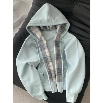 哇塞~巨好穿~奶藍色格子開衫外套秋季小個子寬松顯瘦百搭連帽上衣
