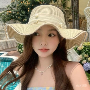 海邊度假🌟 蕾絲珍珠波浪邊蝴蝶結草帽女夏季遮陽海邊度假大帽簷防曬太陽帽子沙灘帽 防曬帽