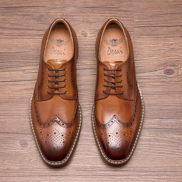 皮鞋男英倫布洛克男鞋復古休閑鞋英倫男鞋手工雕花皮鞋棕色結婚鞋