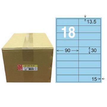 【龍德】LONGDER 三用電腦標籤 A4 18格 直角 30*90mm 淺藍1000張/箱 LD-847-B-B(適用雷射、噴墨、影印)