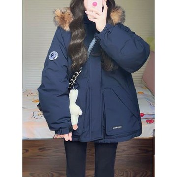 300斤特大碼女裝藏藍色加厚工裝派克服女胖mm冬季連帽棉服外套女