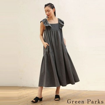 Green Parks  細褶荷葉牛仔拼接連身洋裝