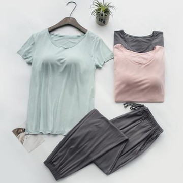 帶胸墊睡衣女夏季莫代爾薄款罩杯短袖長褲免文胸家居服套裝夏天