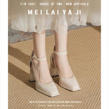 意美絲一字扣防水臺高跟鞋女2025新款春秋鏤空方頭粗跟瑪麗珍單鞋