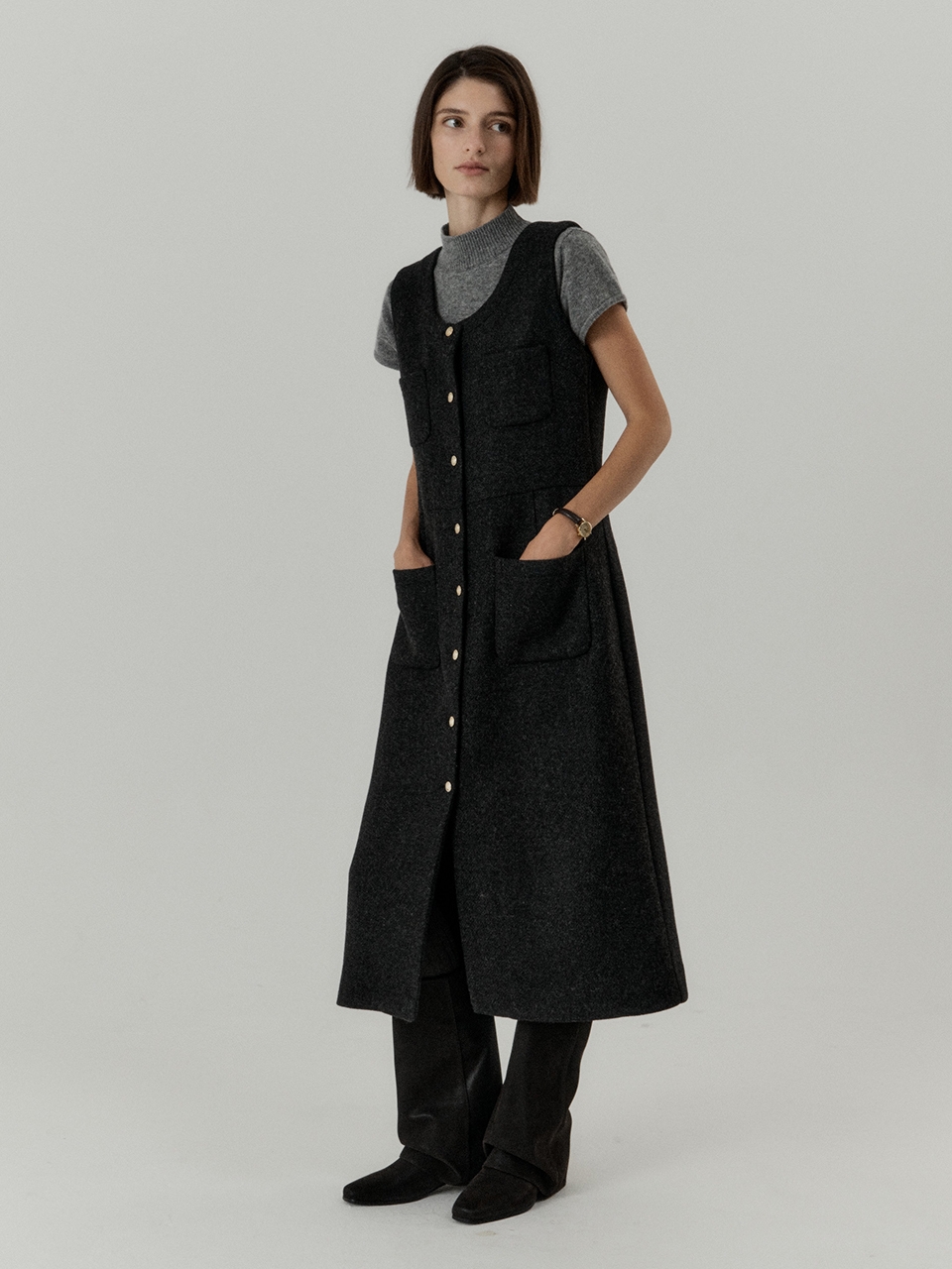 REBOLD Buttoned Wool Dress_Charcoal