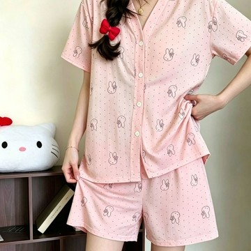夏季新款帶胸墊睡衣 V領開衫短袖短褲甜美家居服套裝 薄款睡衣 女士睡衣 罩杯睡衣 可愛睡衣 休閒居家服