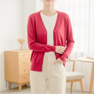 【INI】每天穿搭、長袖織紋針織外套．梅紅色