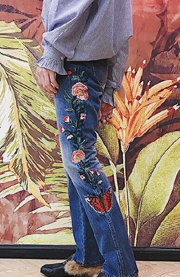 FINDSENSE 品牌 男士牛仔褲 新款水洗復古微喇側縫繡花牛仔褲