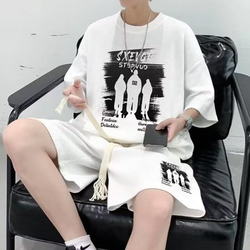 ✨限時熱購🎈夏季短袖青少年男衕款休閒新款華夫格寬鬆短褲短袖運動套裝兩件套