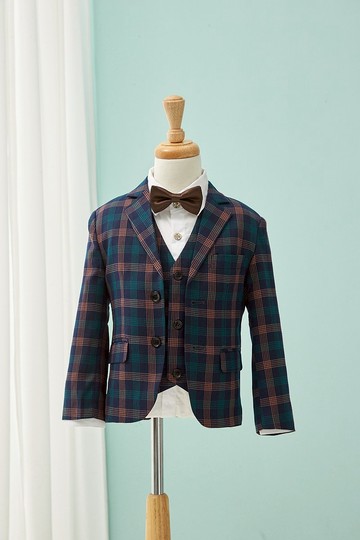 HAO.HAO kids 亮眼細格紋西裝-橘綠格紋深藍(三件組)