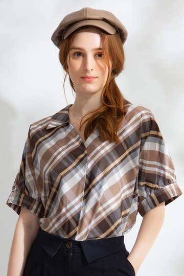 MW V領格紋五分袖襯衫上衣